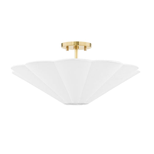 Alana semi-flush ceiling light with a scalloped white linen shade and aged brass canopy.