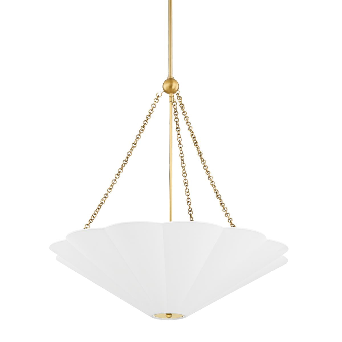 Alana pendant light with a white scalloped linen shade and aged brass chain accents.