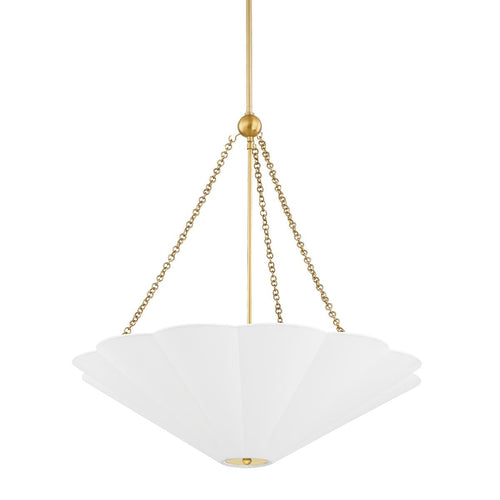 Alana pendant light with a white scalloped linen shade and aged brass chain accents.