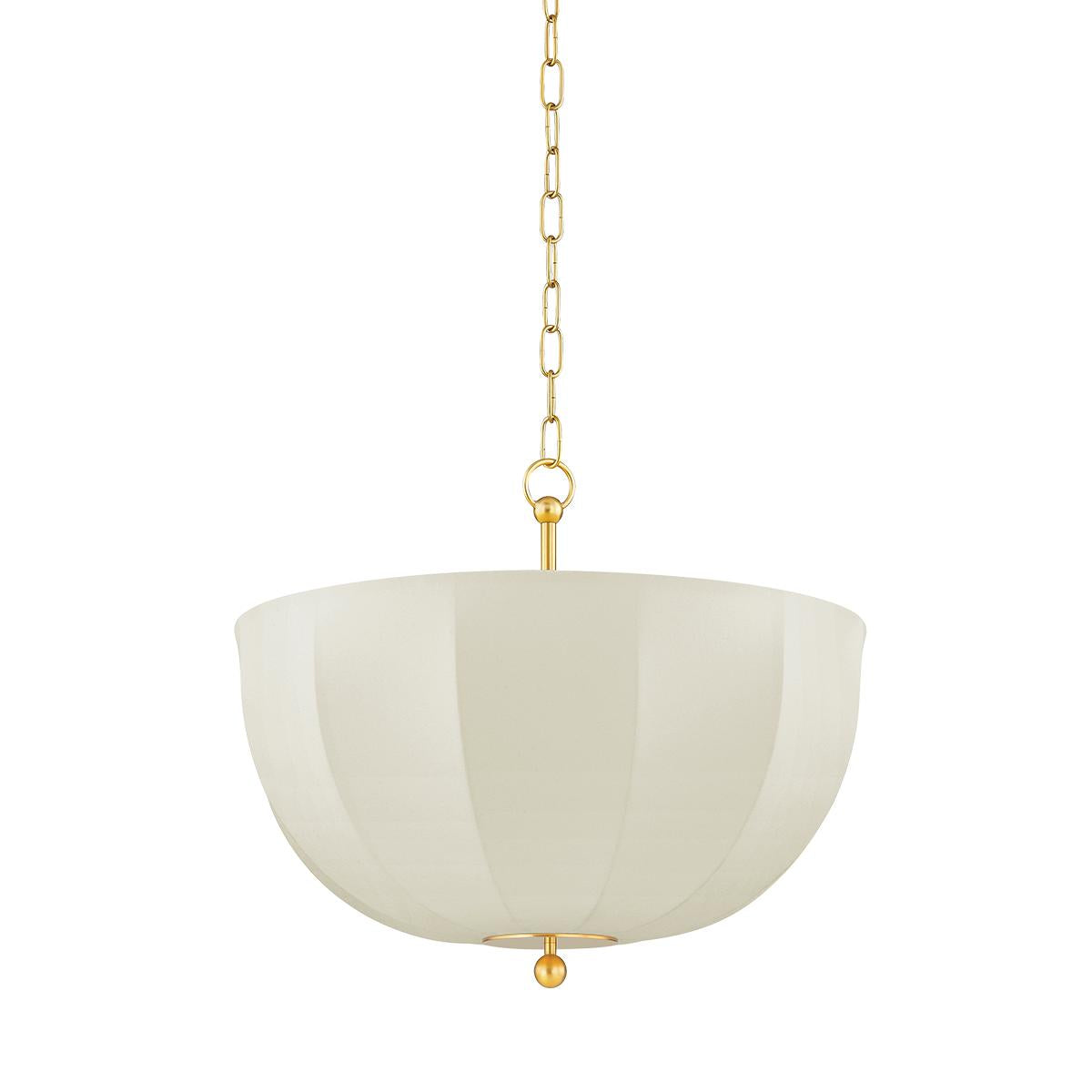 Meshelle pendant light with a cream umbrella-shaped shade and aged brass chain accents.