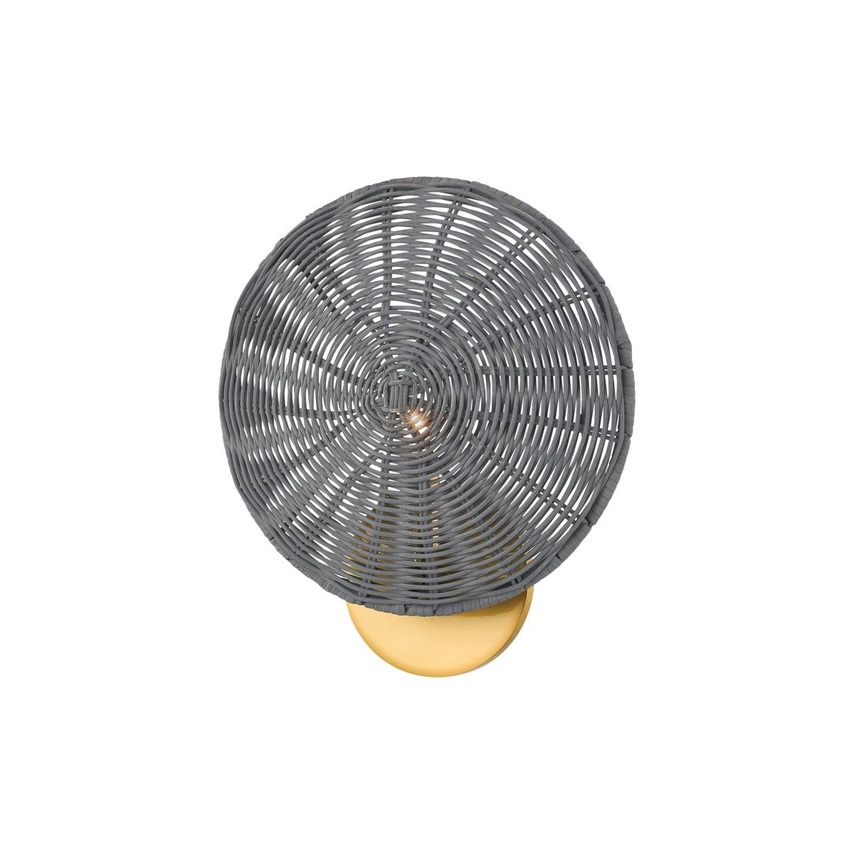 Destiny Wall Sconce with a round gray wicker shade and polished aged brass base.