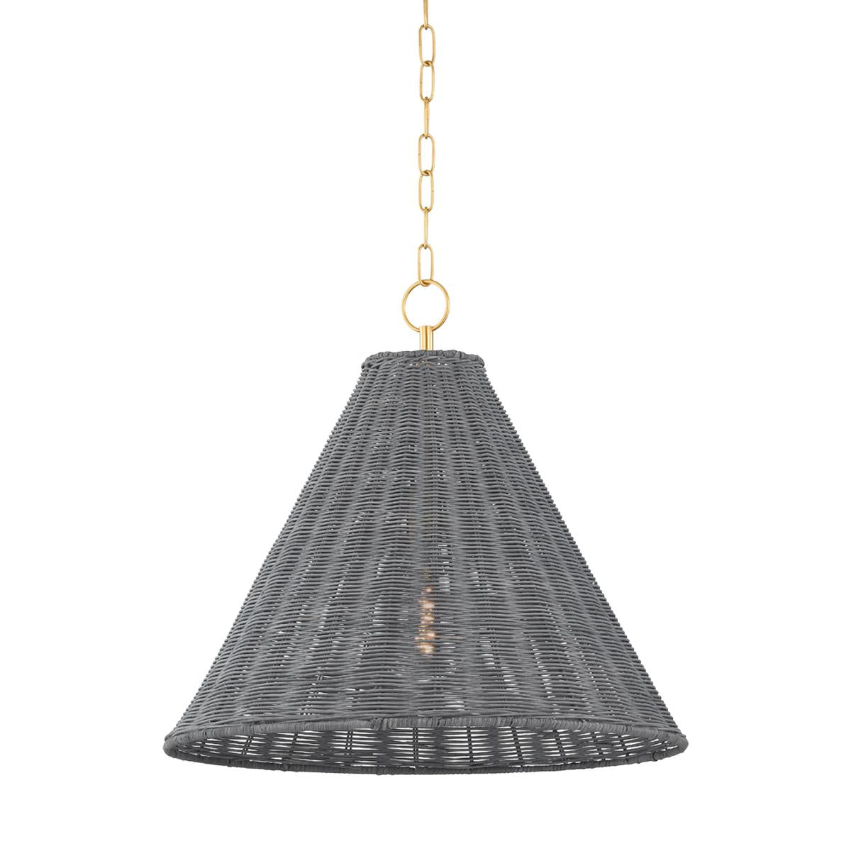 Destiny gray wicker cone pendant light with aged brass chain.