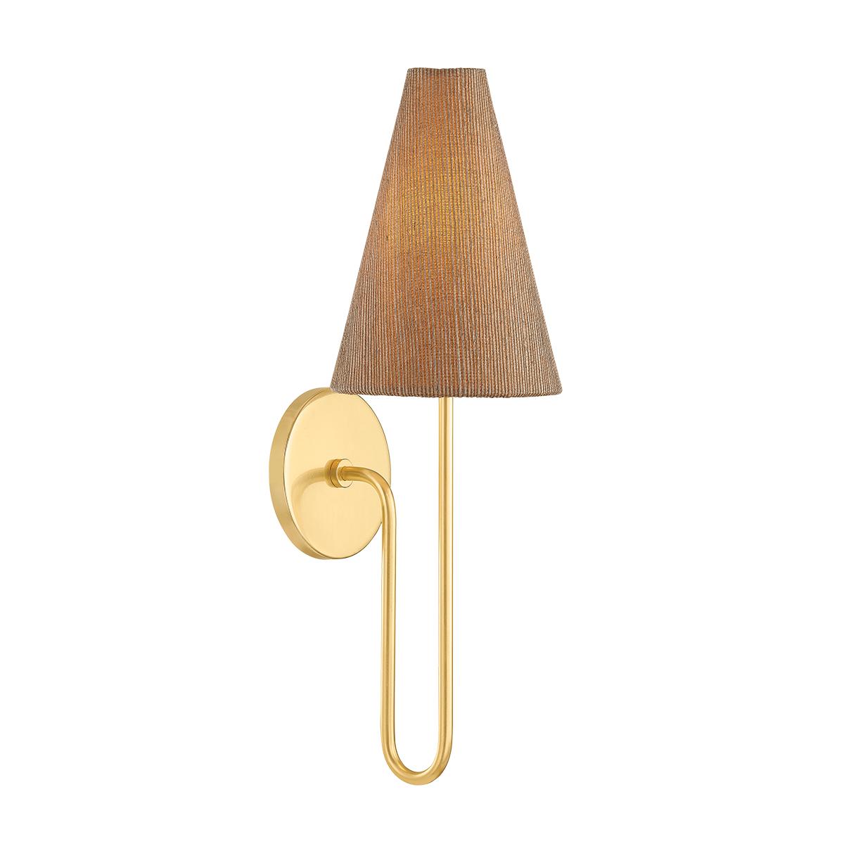 Jessel wall sconce with aged brass arm and brown grasscloth shade.