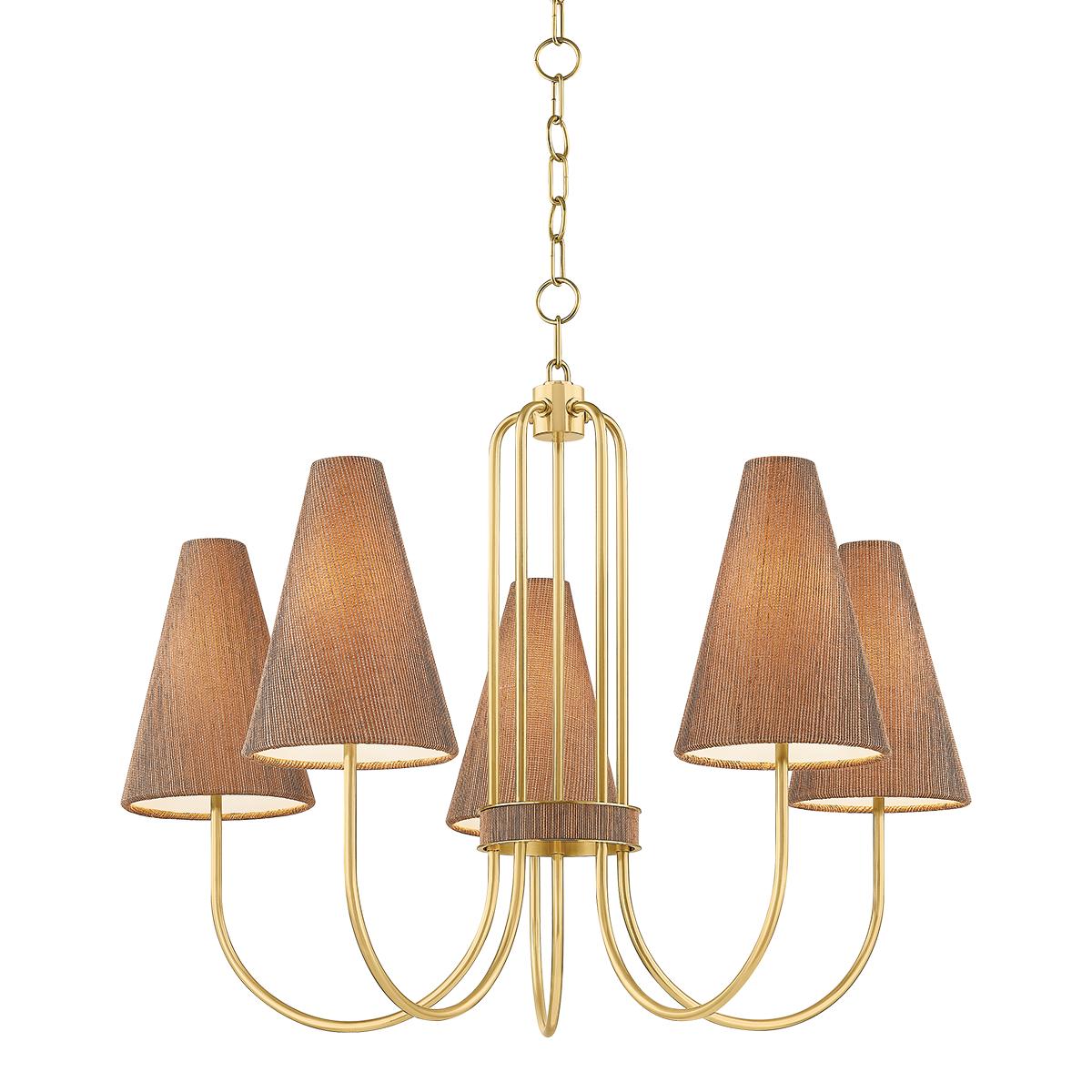 Jessel Chandelier with aged brass arms and brown grasscloth shades