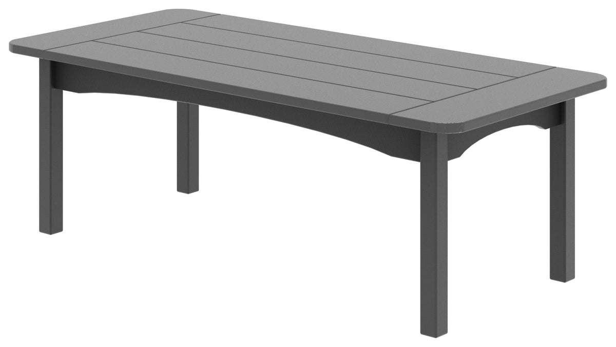 Gray Craftsman outdoor coffee table with a slatted rectangular top and four legs.