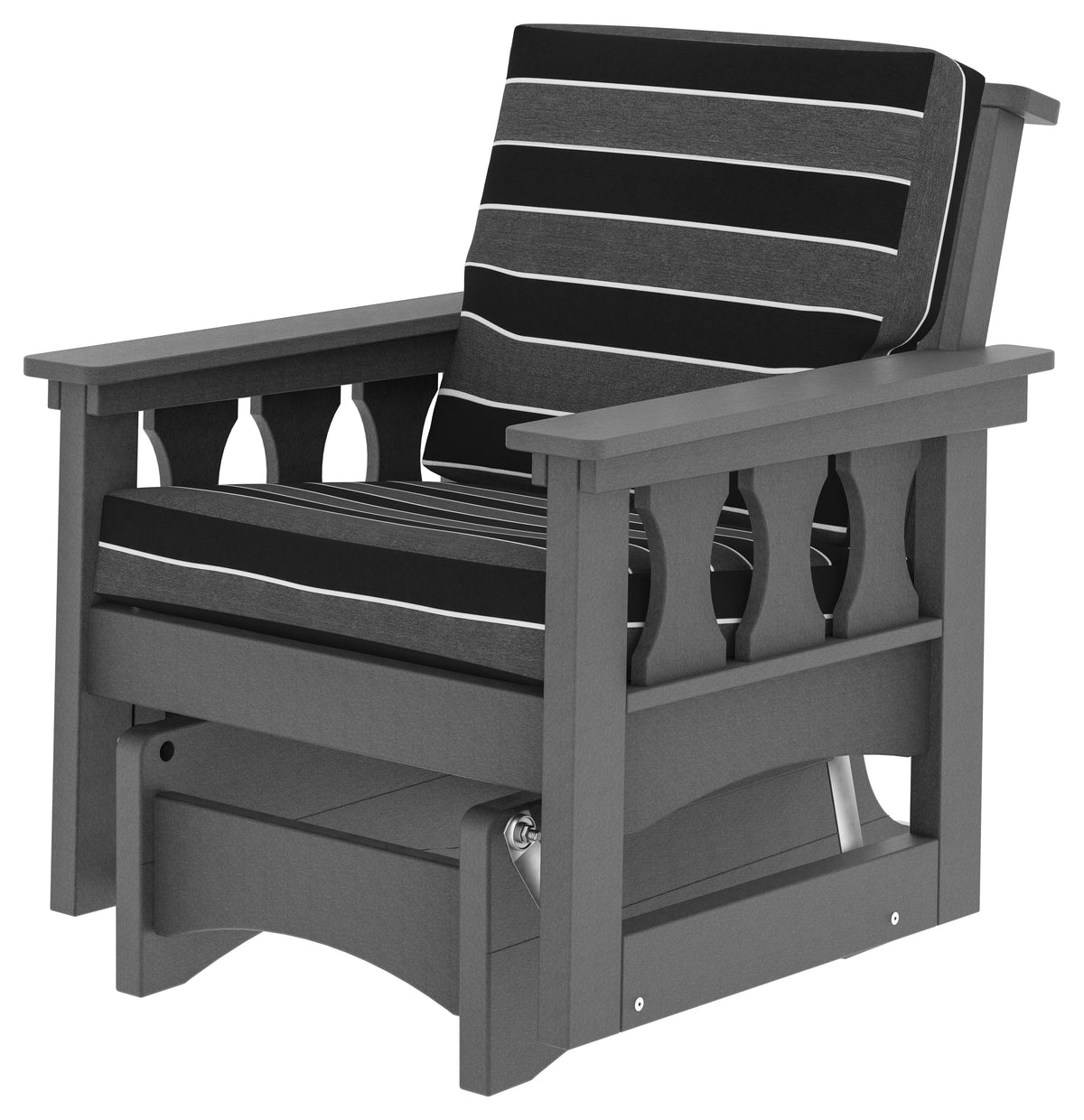 Gray poly patio chair glider with striped black and gray cushions.