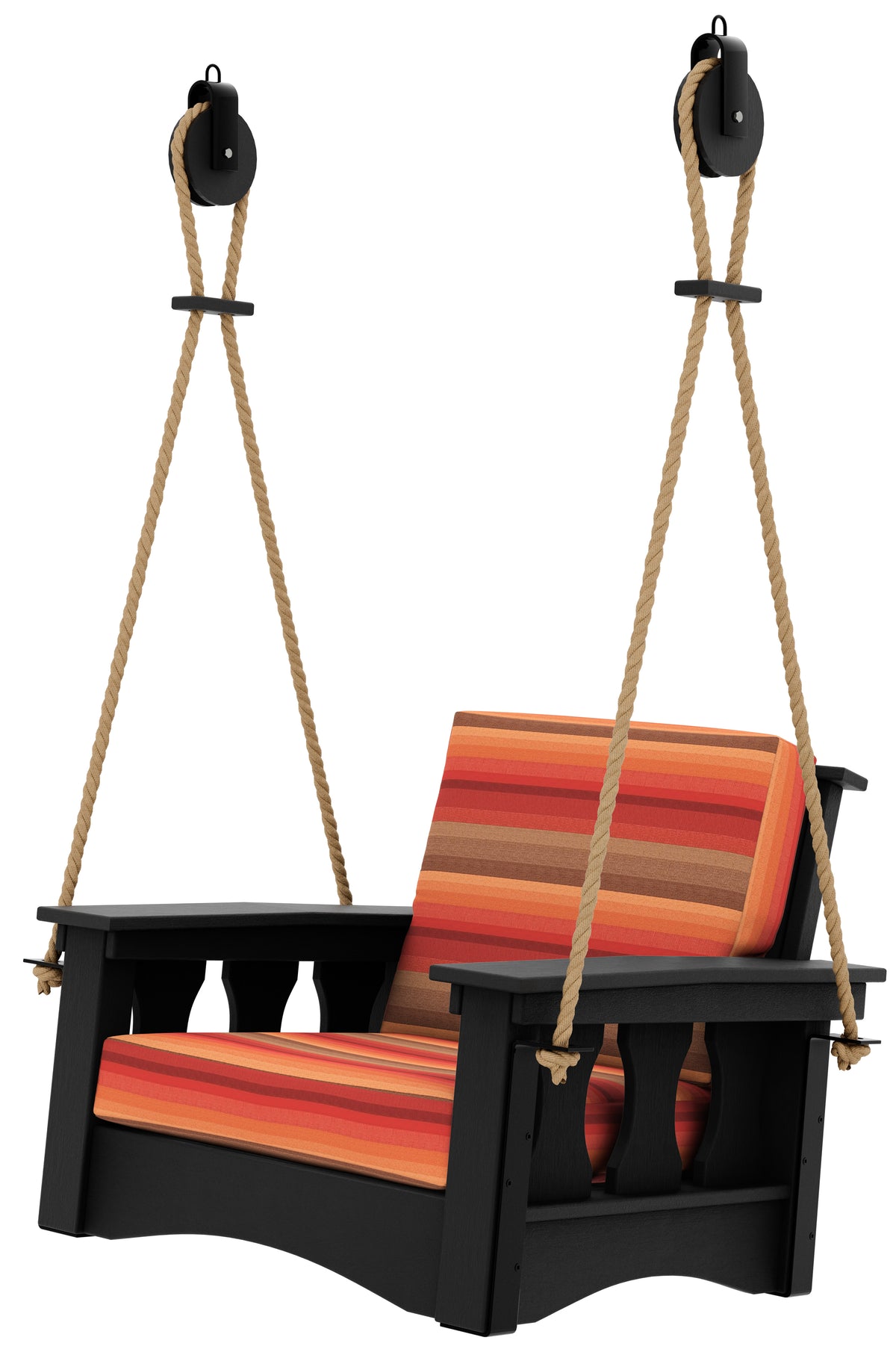 Craftsman black outdoor chair swing with orange striped Astoria Sunset cushions and hanging ropes.