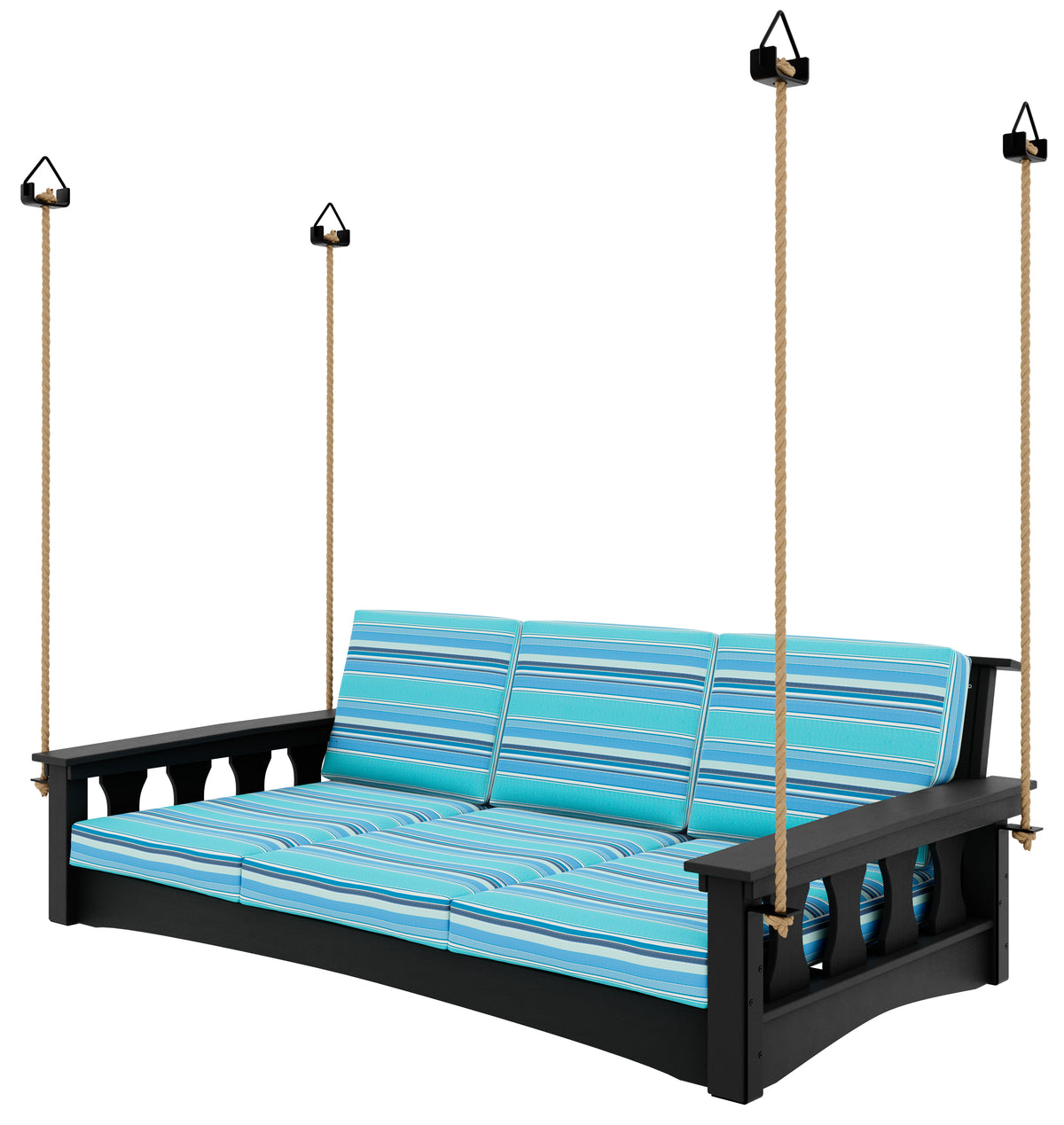 Craftsman black daybed swing with blue striped cushions hanging from ropes.