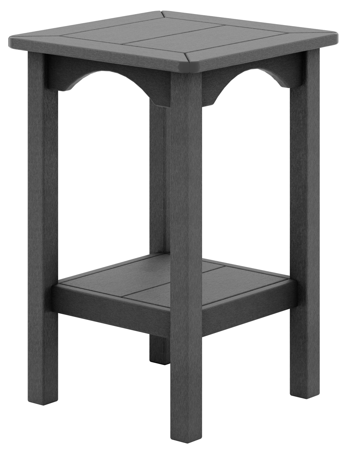 Gray Craftsman end table with a slatted square top, lower shelf, and arched details.