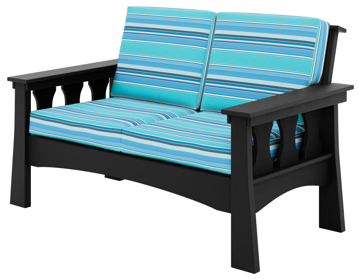 Black Craftsman outdoor loveseat with blue striped Dolce Oasis cushions