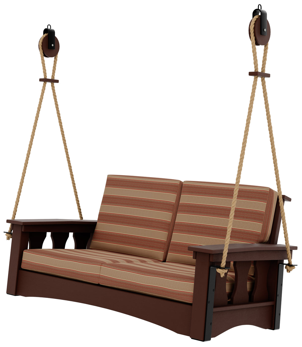 Craftsman loveseat swing in dark brown wood with striped cushions and rope pulley hangers