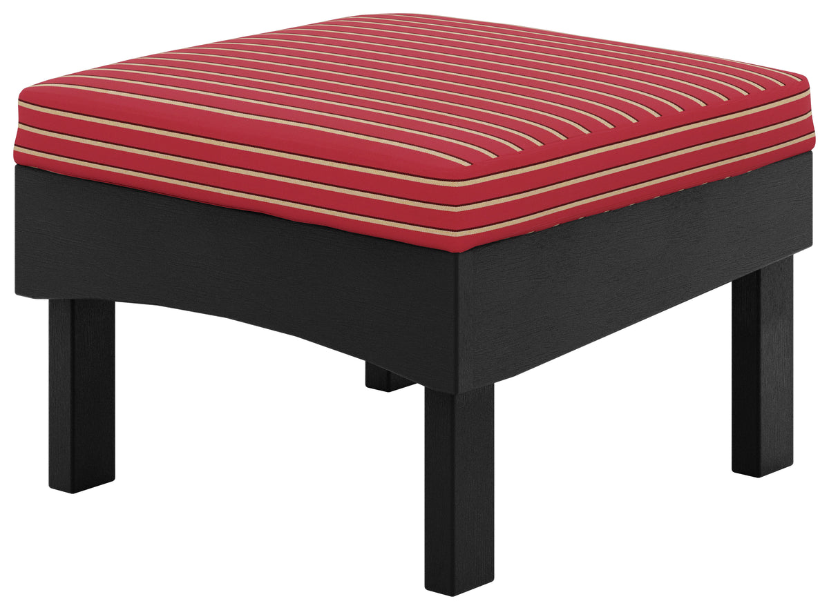 Craftsman outdoor ottoman with a black poly lumber frame and a red and beige striped cushion.