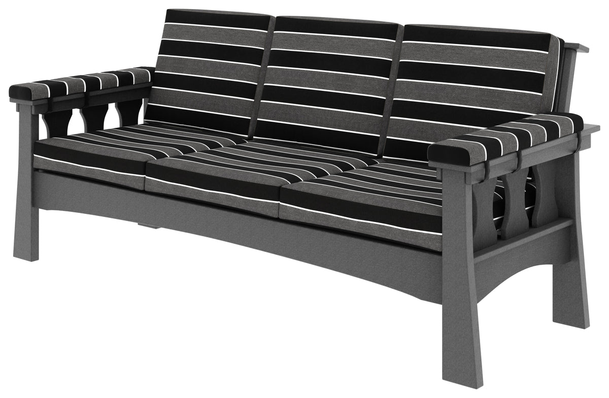 Craftsman outdoor sofa in gray wood with black and white striped cushions.