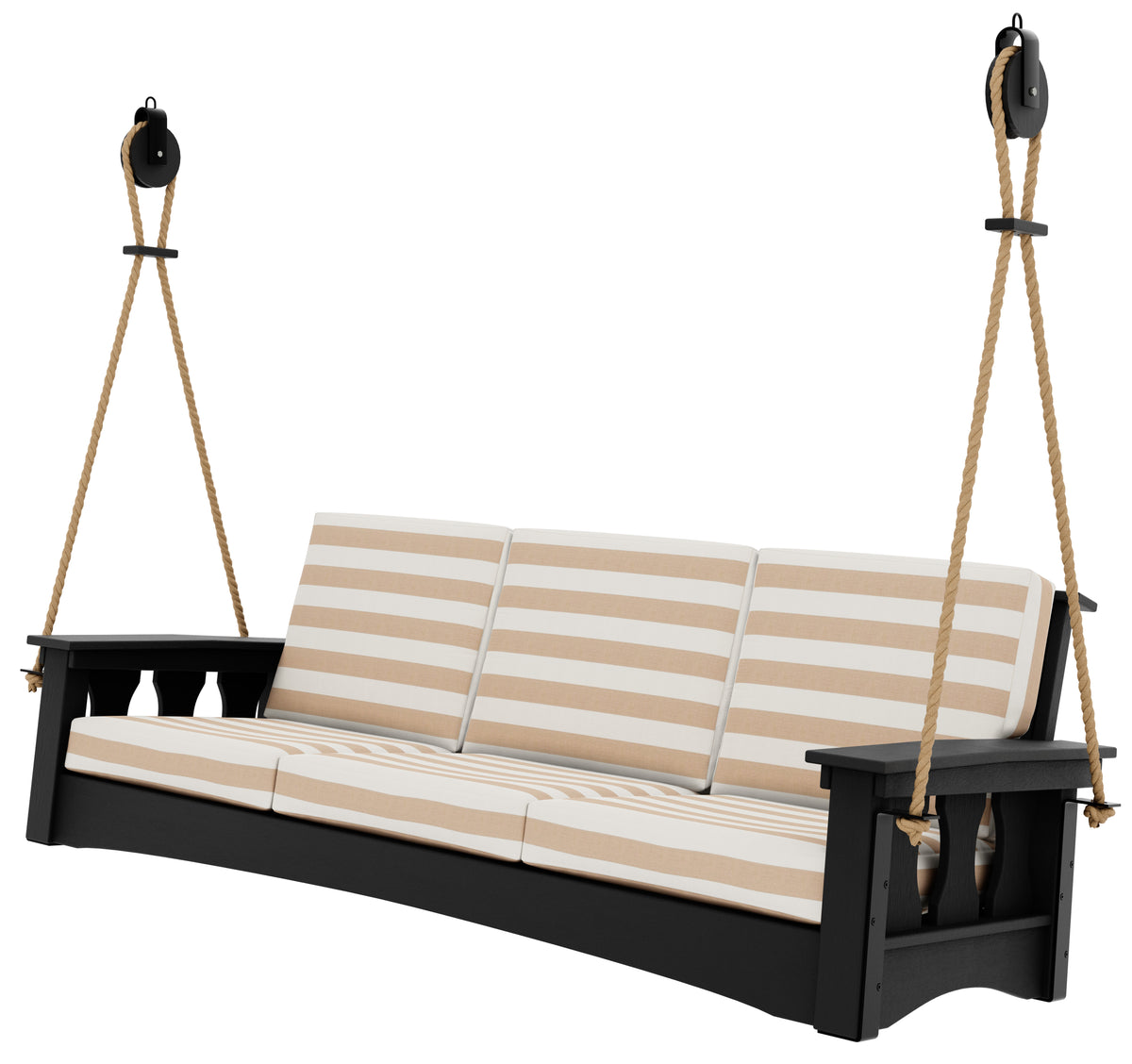 Black Craftsman outdoor sofa swing with beige striped cushions, hanging from ropes and pulleys.