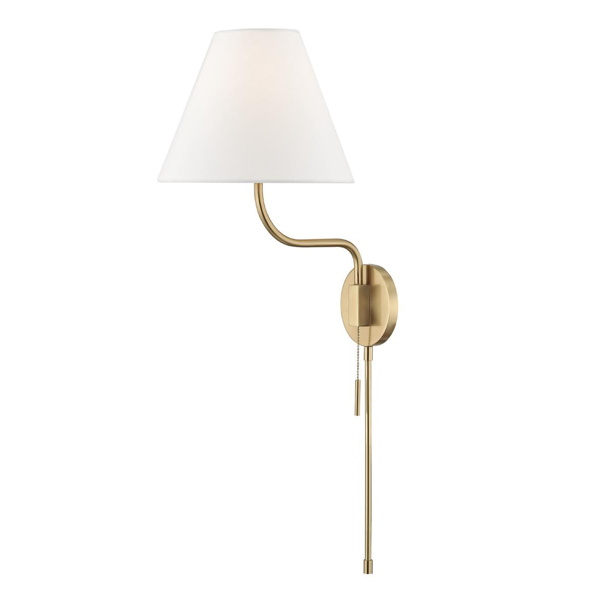 Patti plug-in sconce with an aged brass swing arm and a white fabric shade.