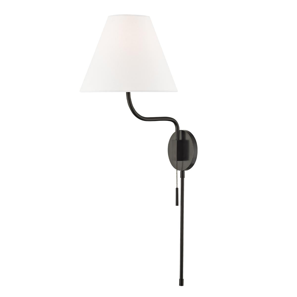 Patti plug-in wall sconce with a black metal swing arm and white linen shade.