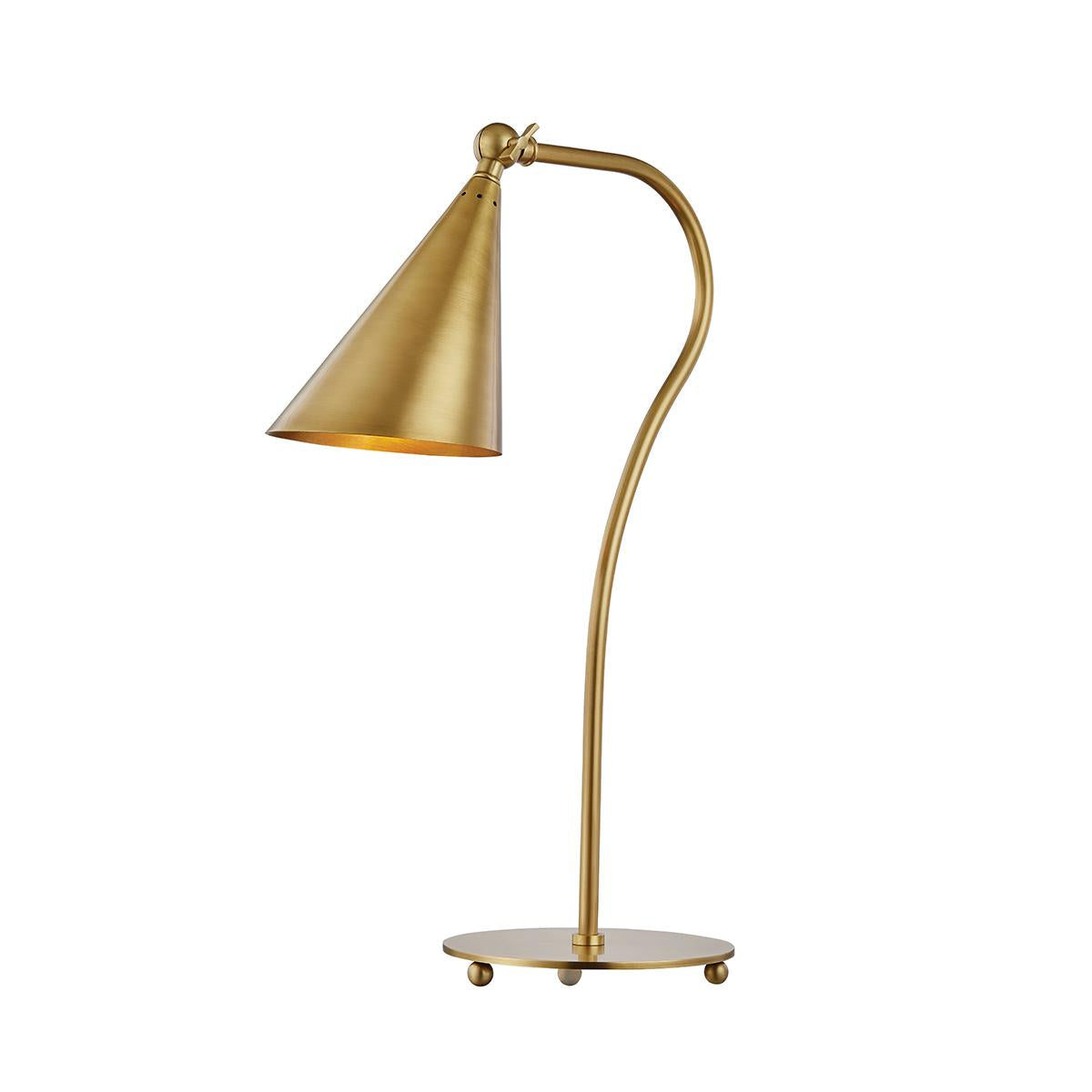 Lupe aged brass gooseneck table lamp with a cone shade and swivel key.