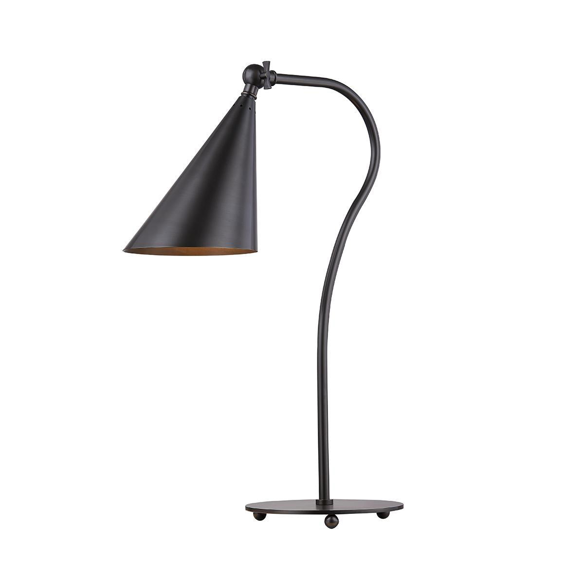 Lupe Old Bronze gooseneck table lamp with a cone shade and swivel key.