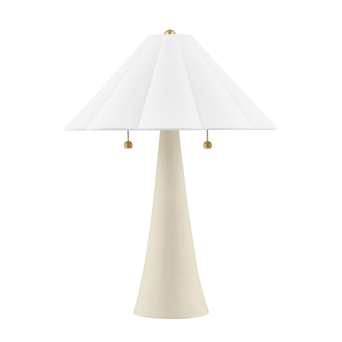 Alana ceramic table lamp with a white scalloped linen shade and brass pull chains.