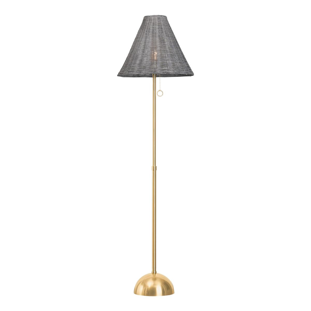 Destiny Floor Lamp with a gray wicker shade and an aged brass pole and base.