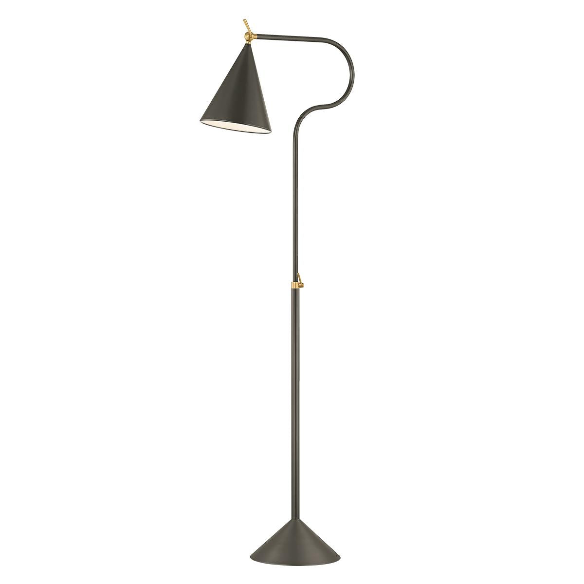 Harriet modern black floor lamp with a curved neck, conical shade, and brass accents.