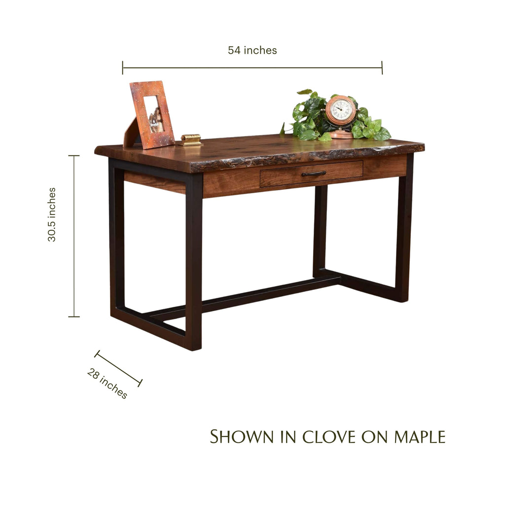 Hamilton live edge writing desk in clove on maple with black metal legs and dimensions.