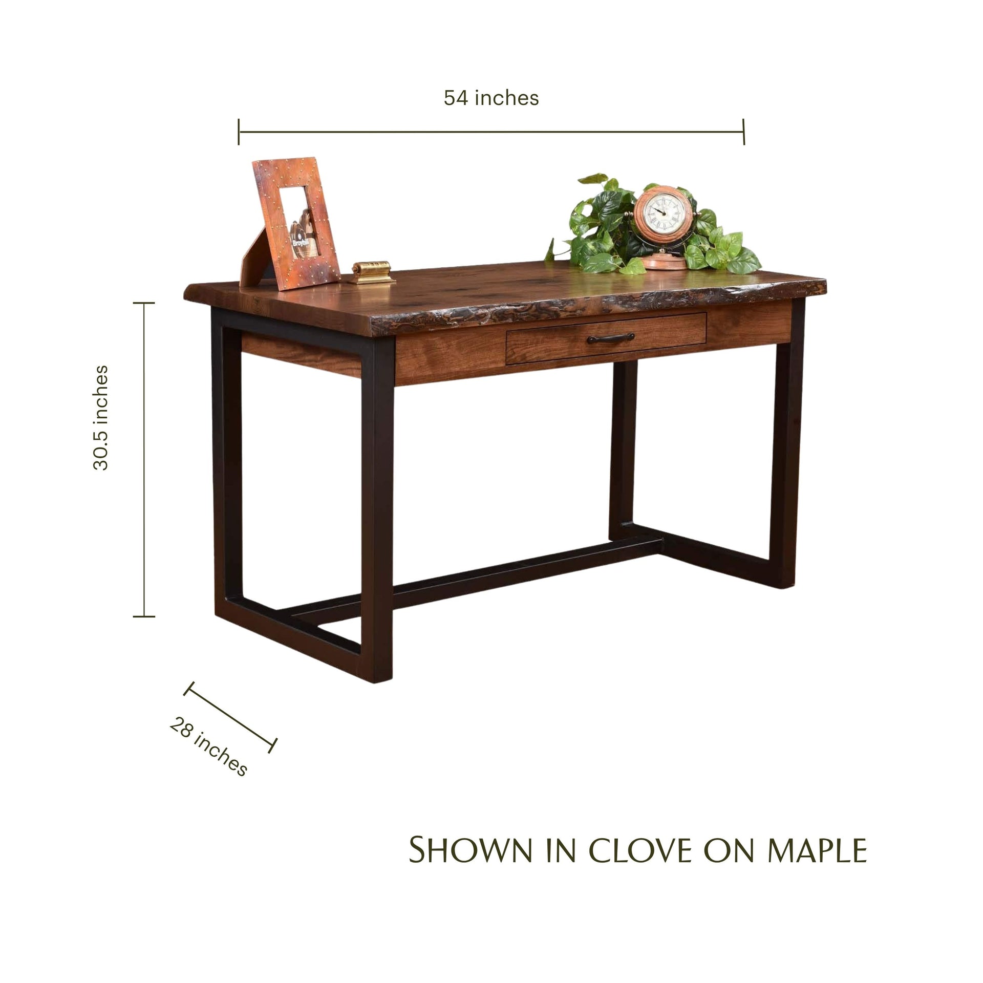 Hamilton live edge writing desk in clove on maple with black metal legs and dimensions.