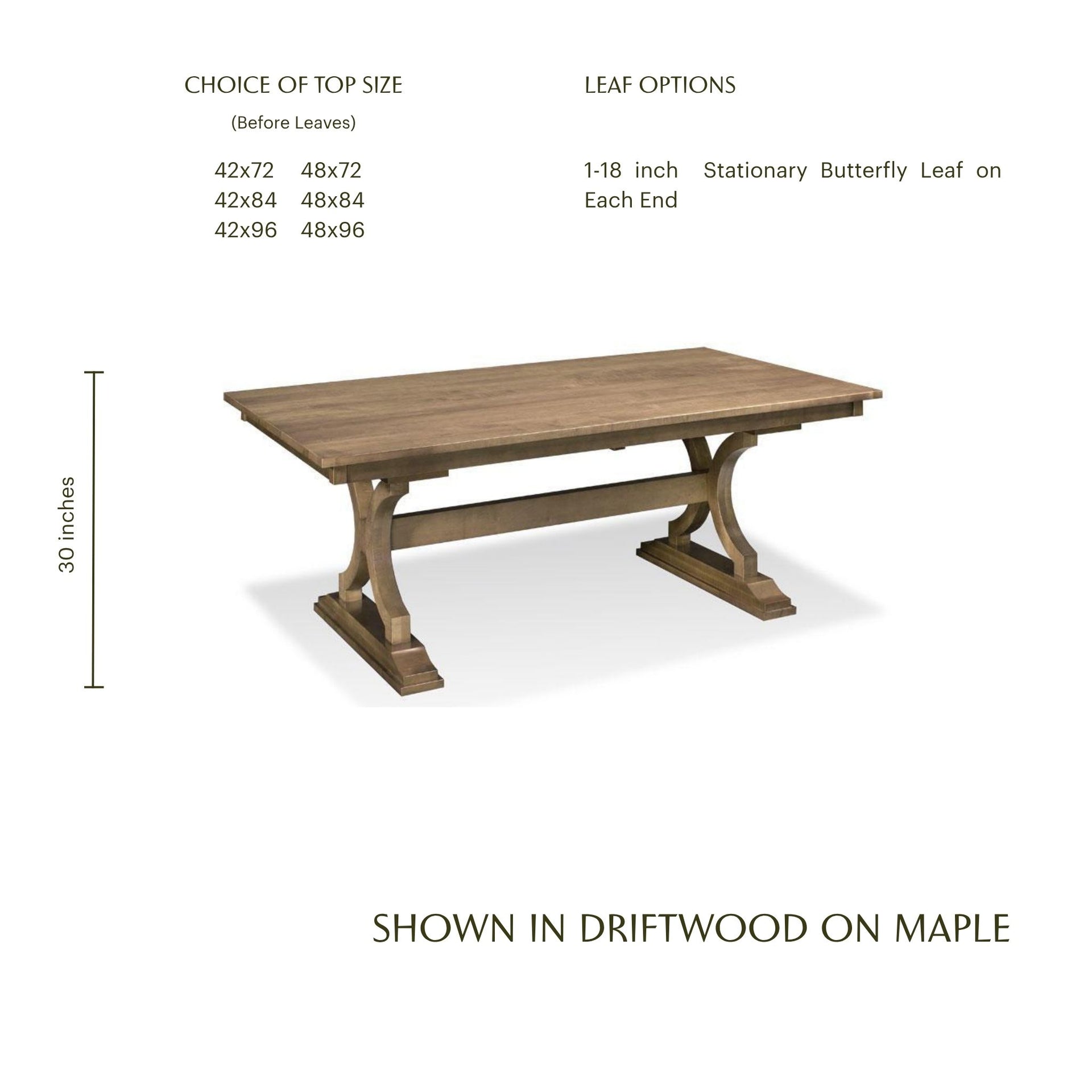 Hamptons wooden trestle dining table in driftwood on maple finish with size options.