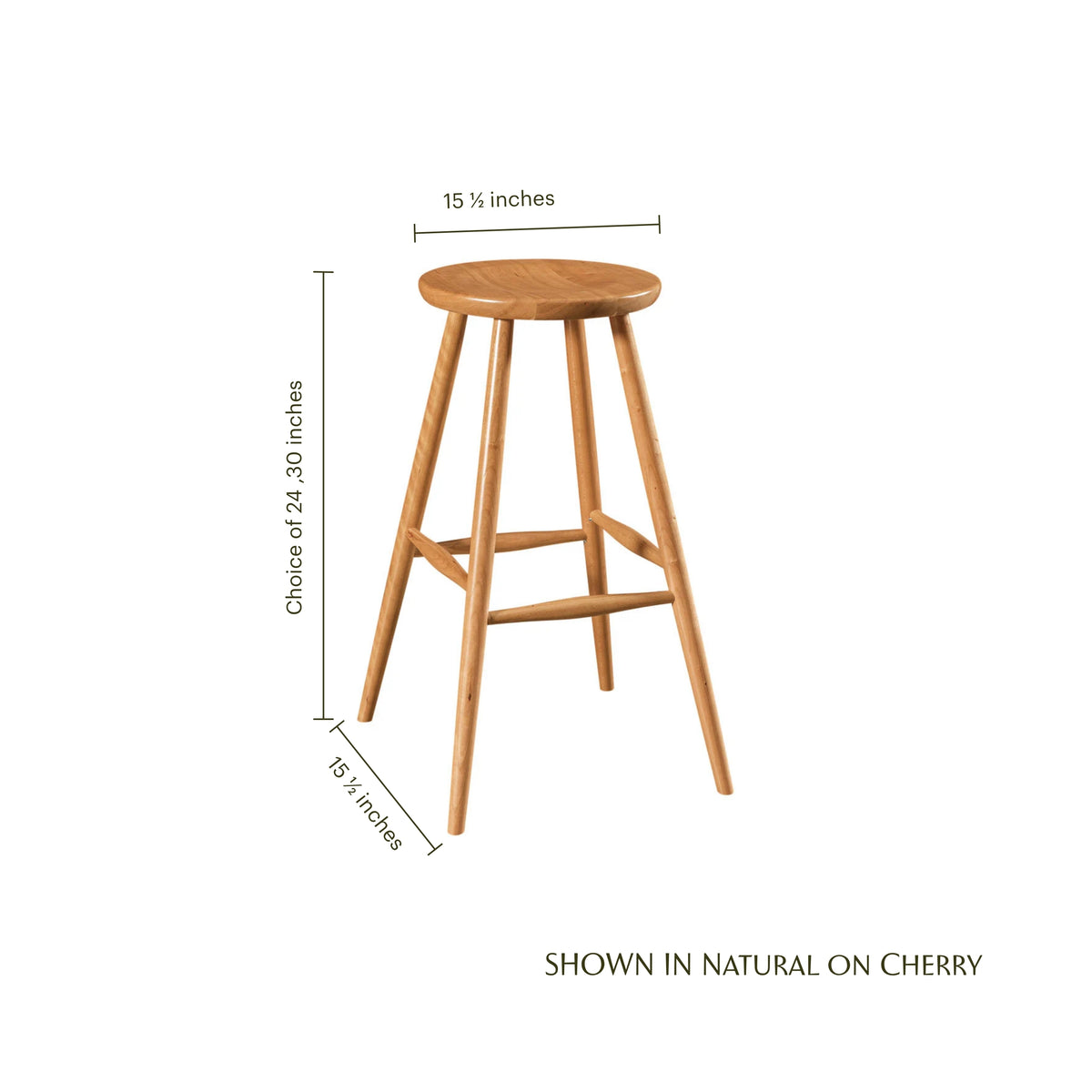 Haskin wooden counter stool in natural cherry with dimensions of 15.5 inches wide and 24 or 30 inches high.