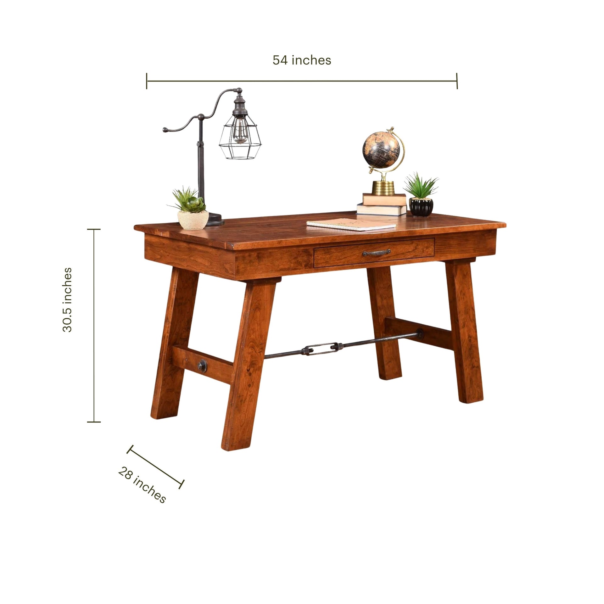 Hawthorne solid wood writing desk with dimensions: 54" W x 28" D x 30.5" H.