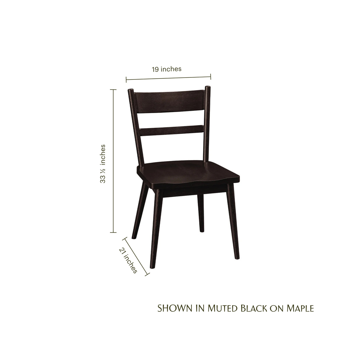 Hilko Side Chair in muted black on maple wood with dimensions shown.