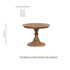 Houston round dining table in brown maple wood with an hourglass pedestal base.