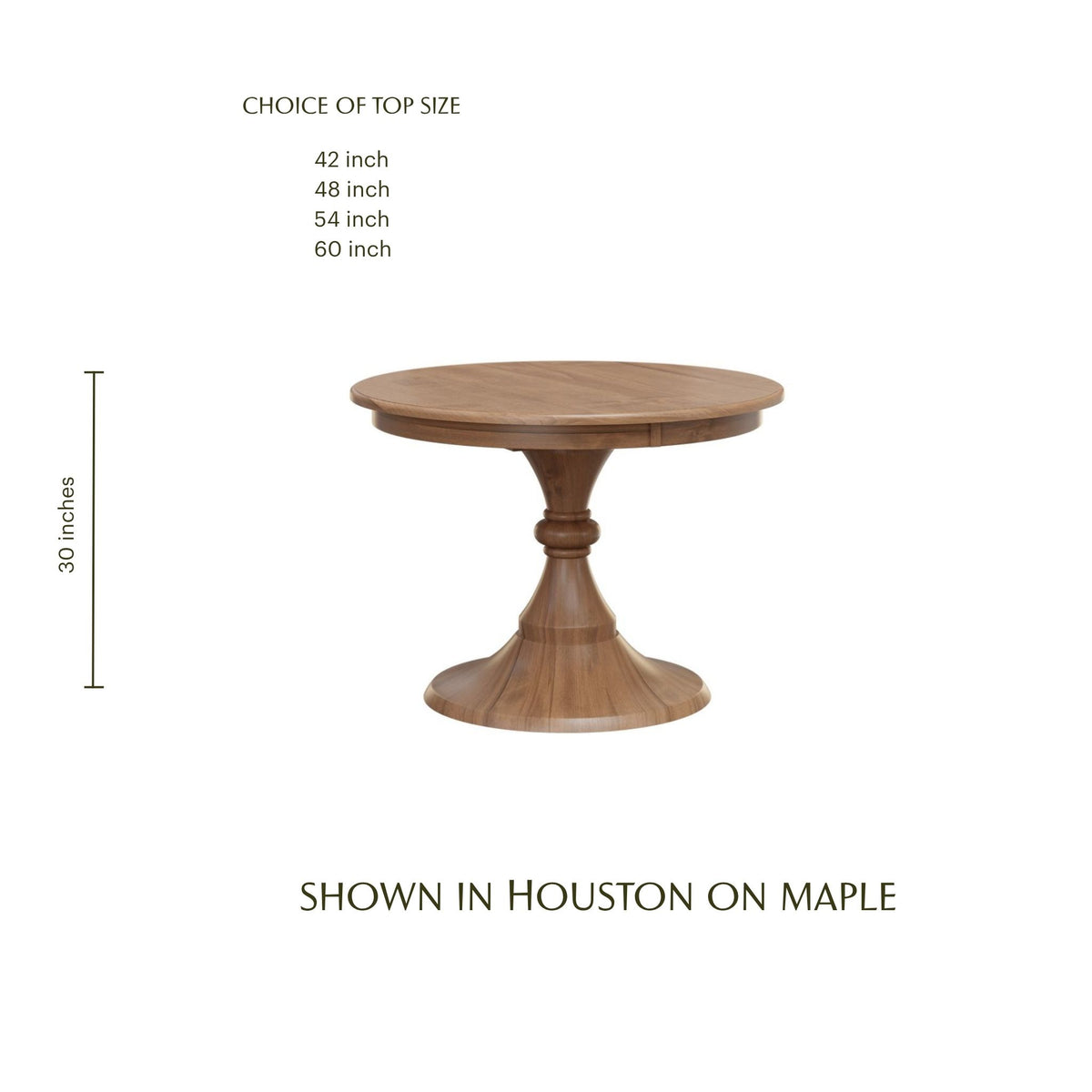 Houston round dining table in brown maple wood with an hourglass pedestal base.
