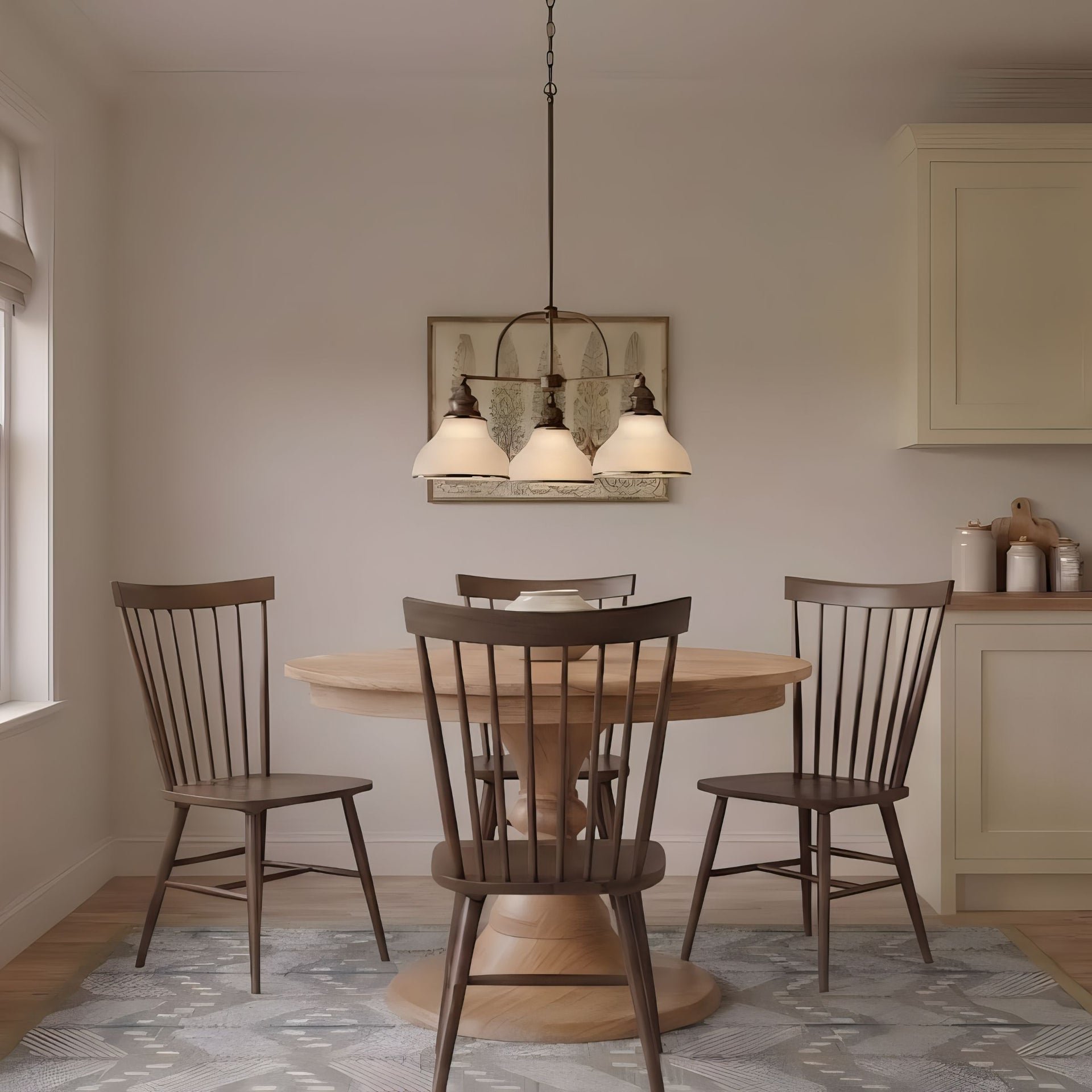 Houston round wooden dining table with a pedestal base and four dark wood chairs