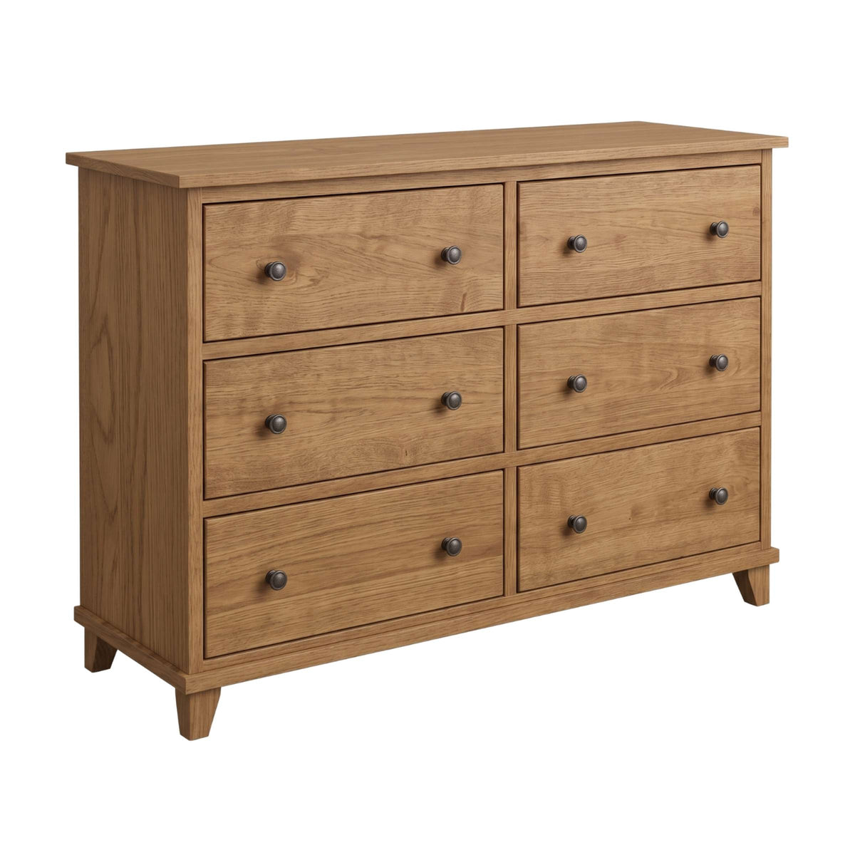 Hyland solid hardwood 6-drawer dresser in a natural oak finish with dark round metal knobs.