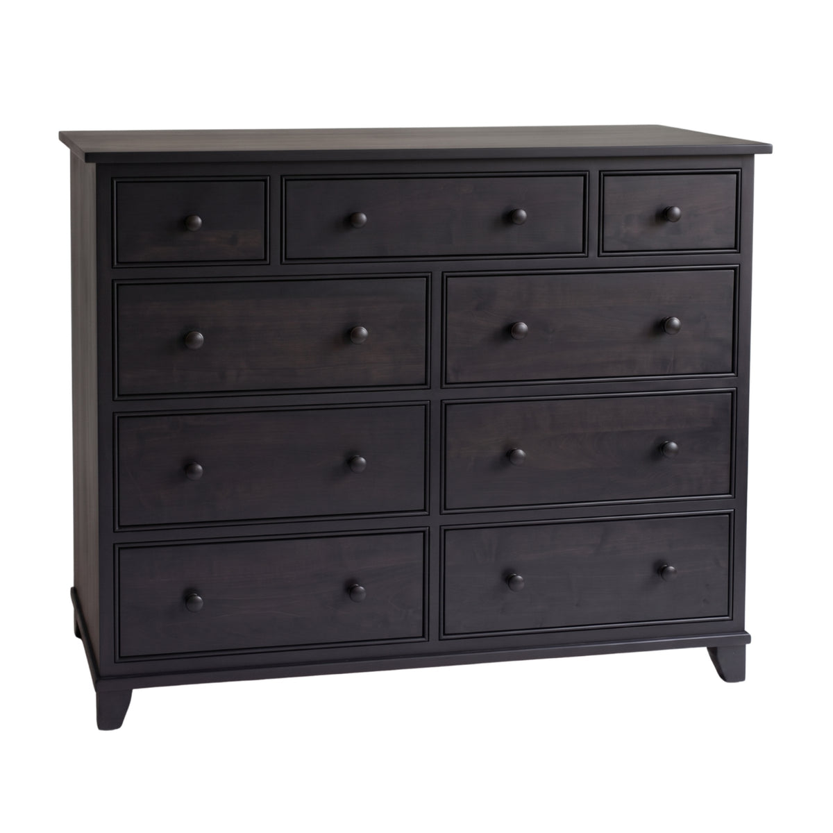 Hyland dark wood dresser with nine drawers and round matching knobs on a white background.