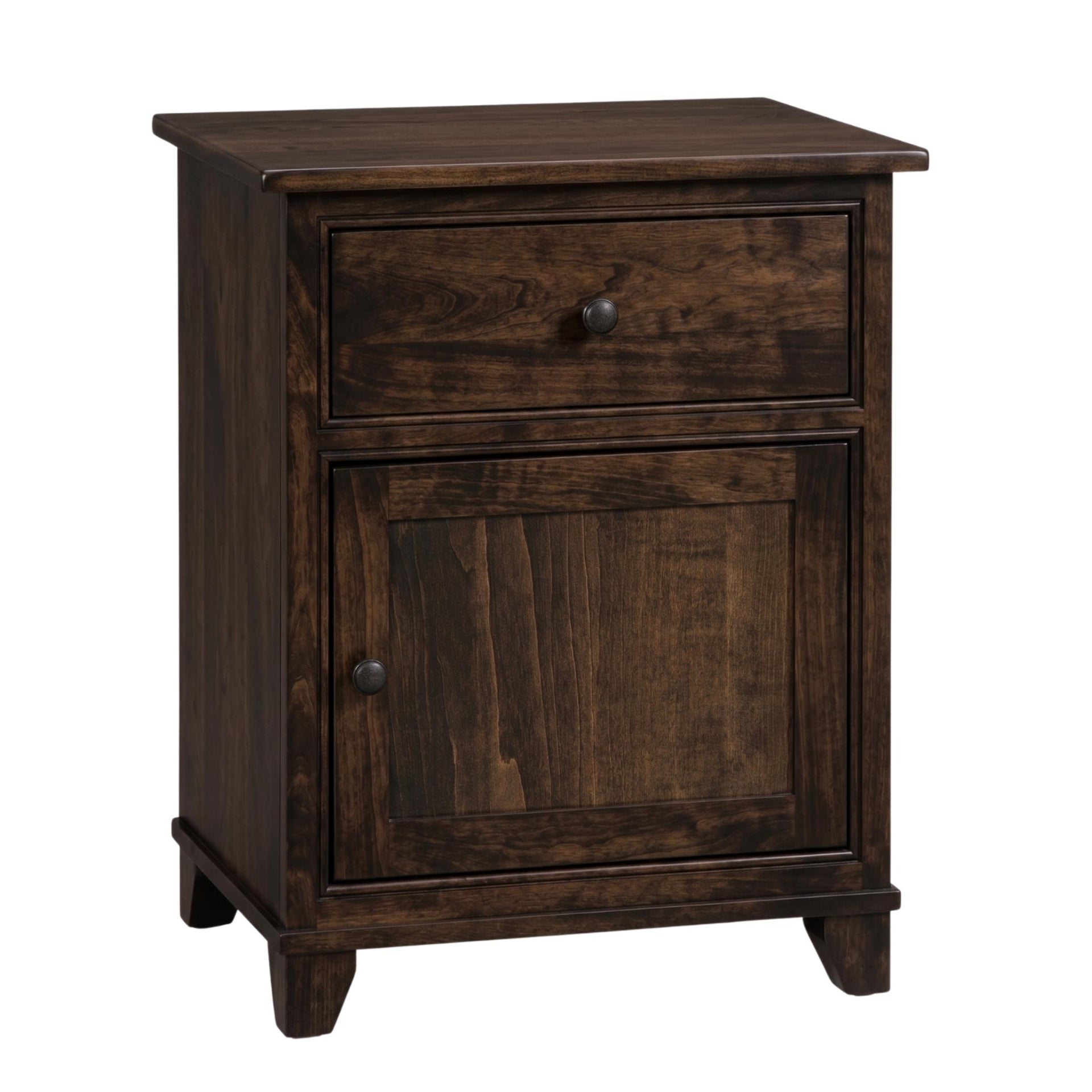 Hyland Park dark cherry wood nightstand with drawer, cabinet, and black hardware.