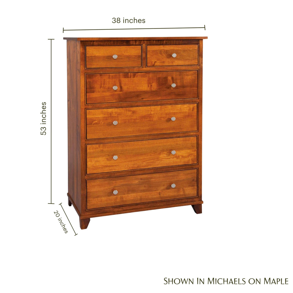 Hyland 6-drawer chest in Michaels on Maple finish with dimensions 38"W x 20"D x 53"H.
