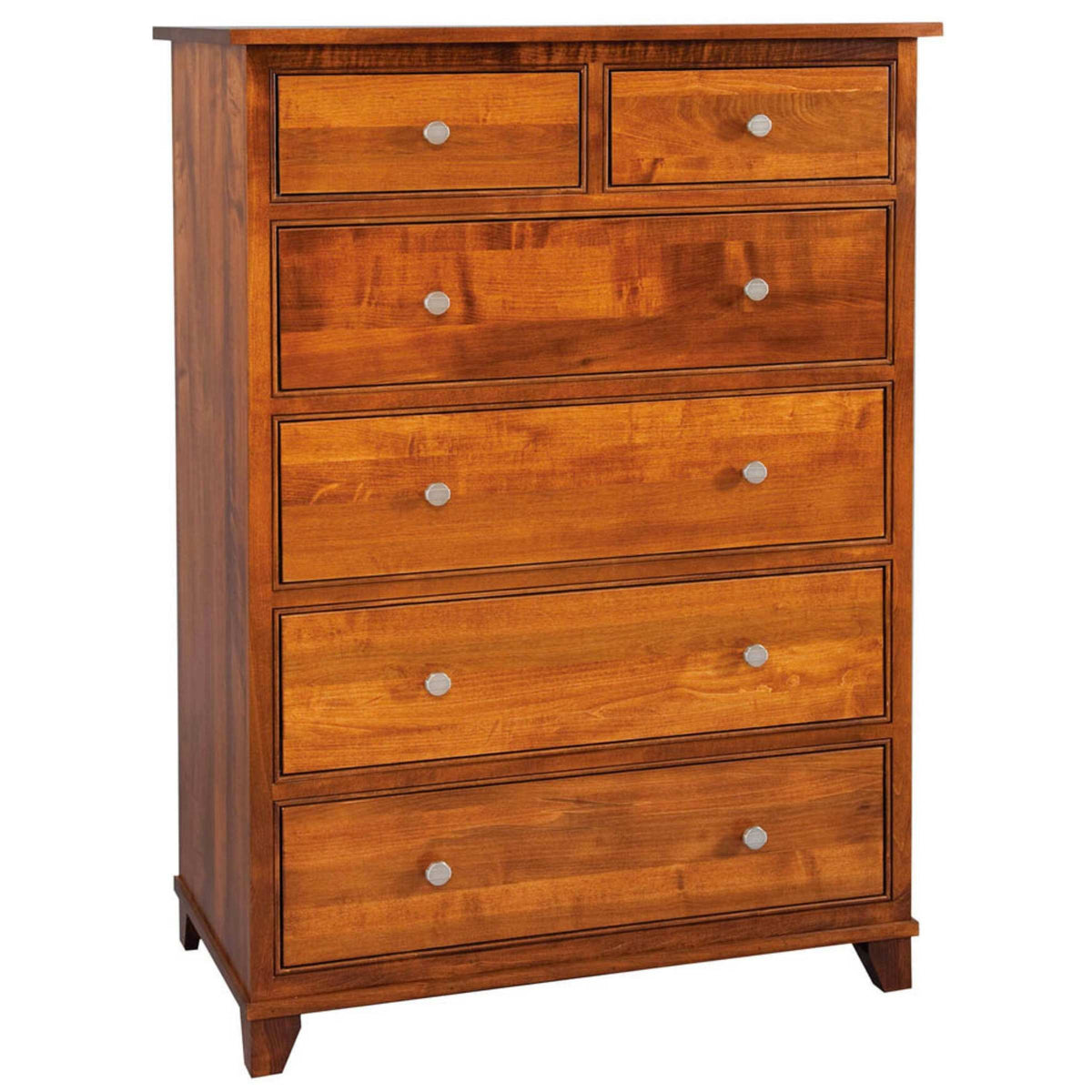 Hyland 6-drawer chest in warm brown solid hardwood with silver knobs.
