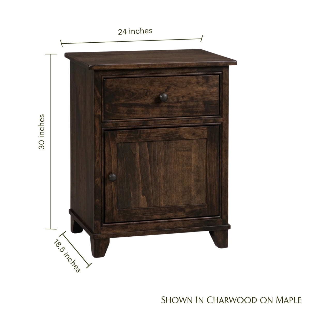 Hyland Park dark wood nightstand with dimensions: 30"H x 24"W x 18.5"D.