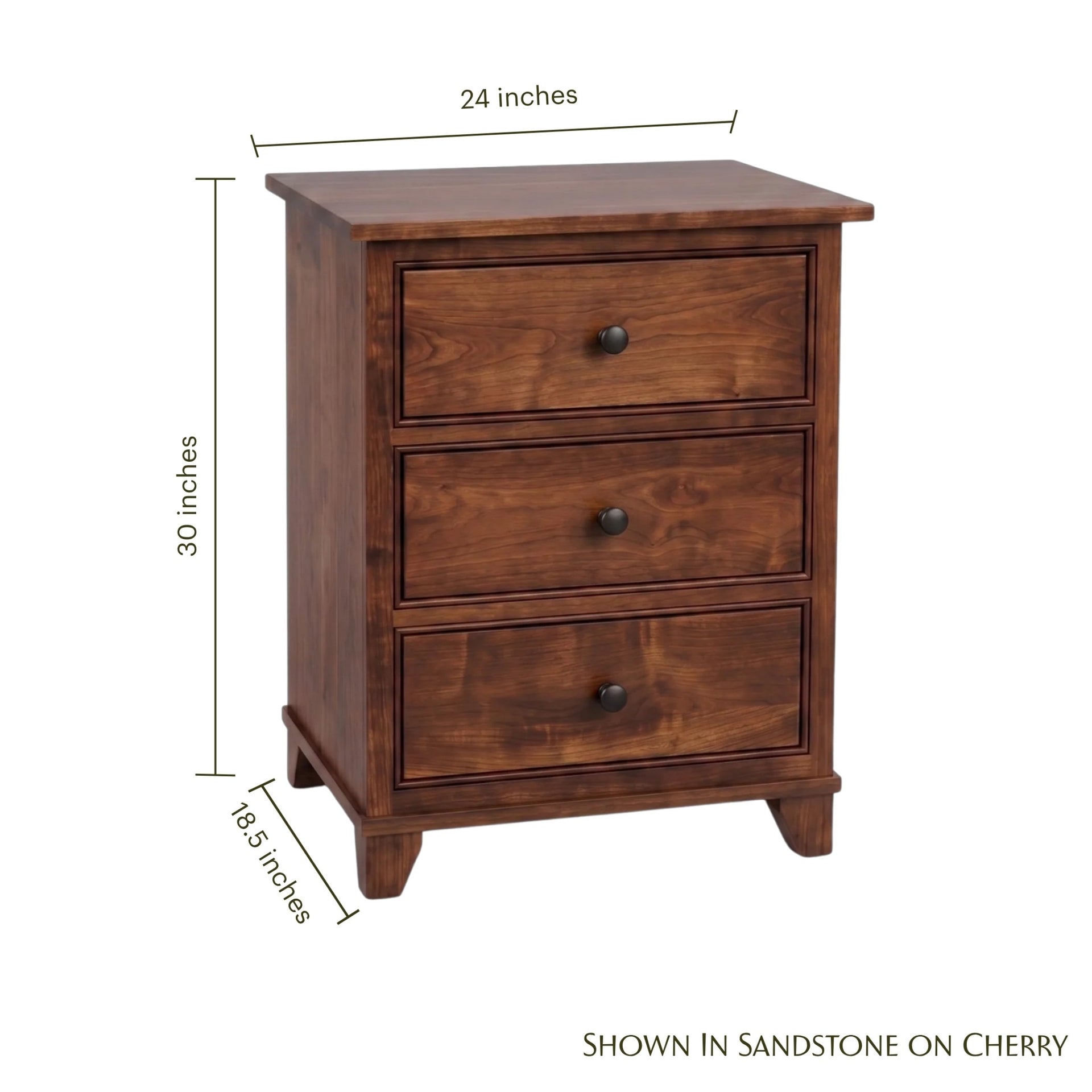 Hyland Park 3-drawer cherry wood nightstand with dimensions shown.