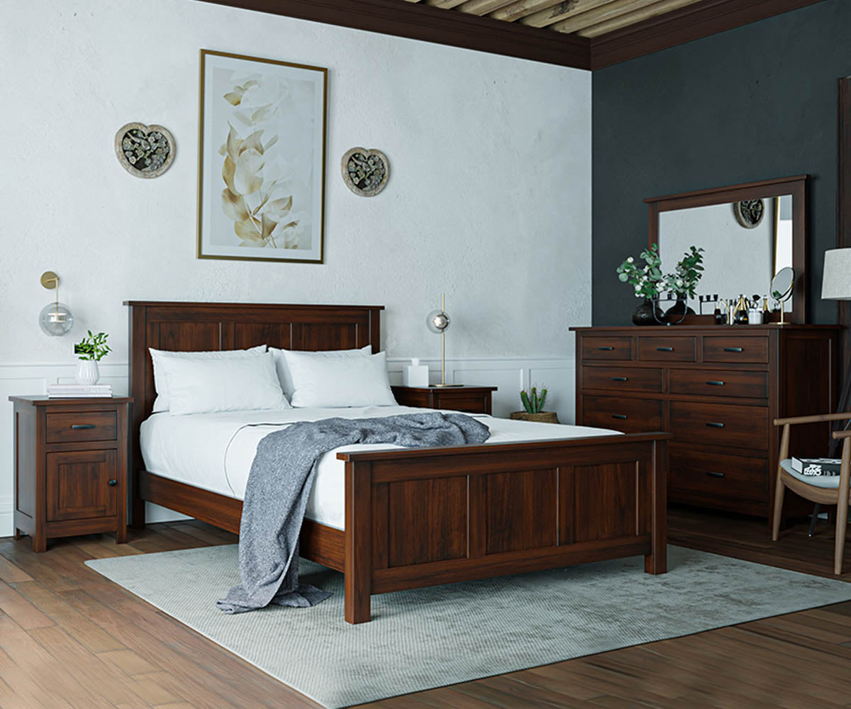 Dark wood Mission Panel Bed with matching nightstands and dresser in a modern bedroom.