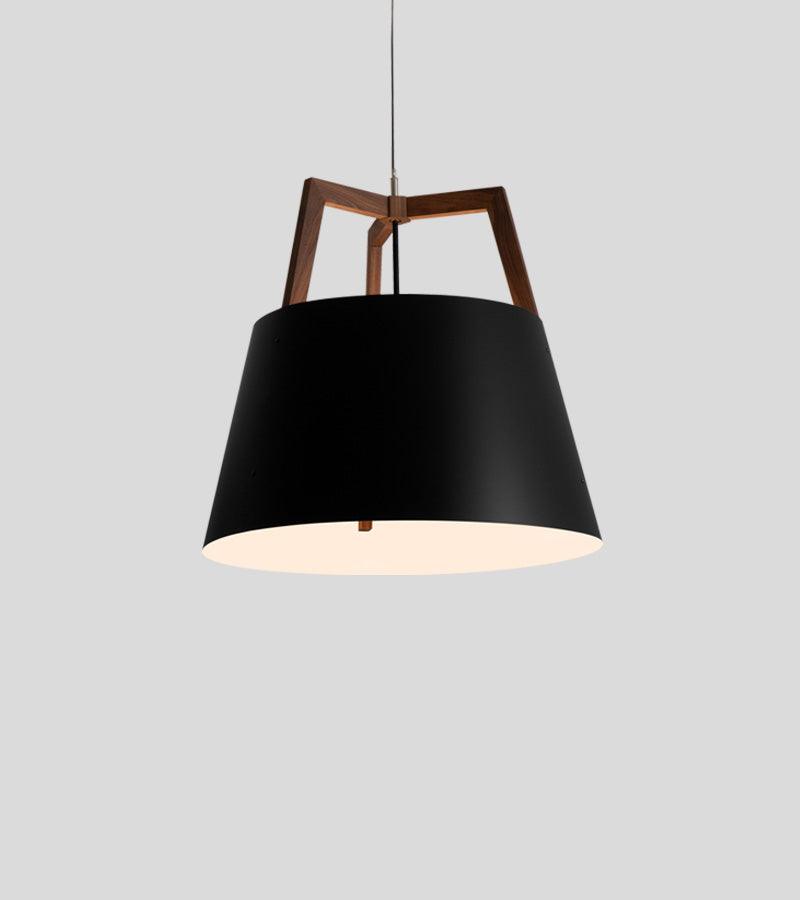 Imber Pendant light fixture with a black tapered shade and walnut wood accents.