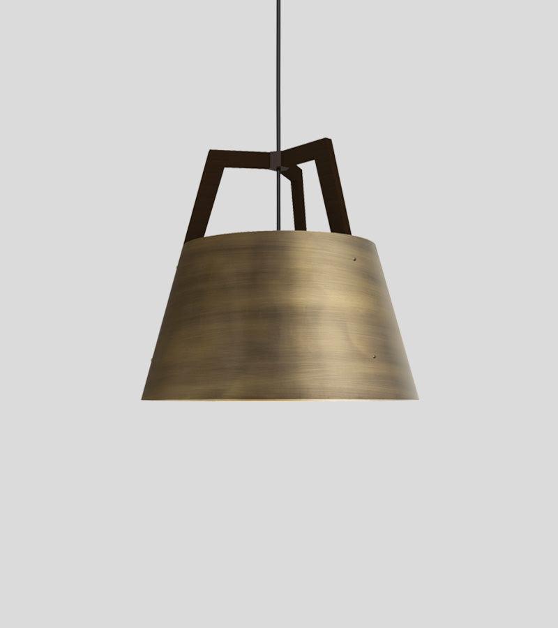 Imber Pendant light fixture with a brushed brass tapered shade and walnut wood frame.