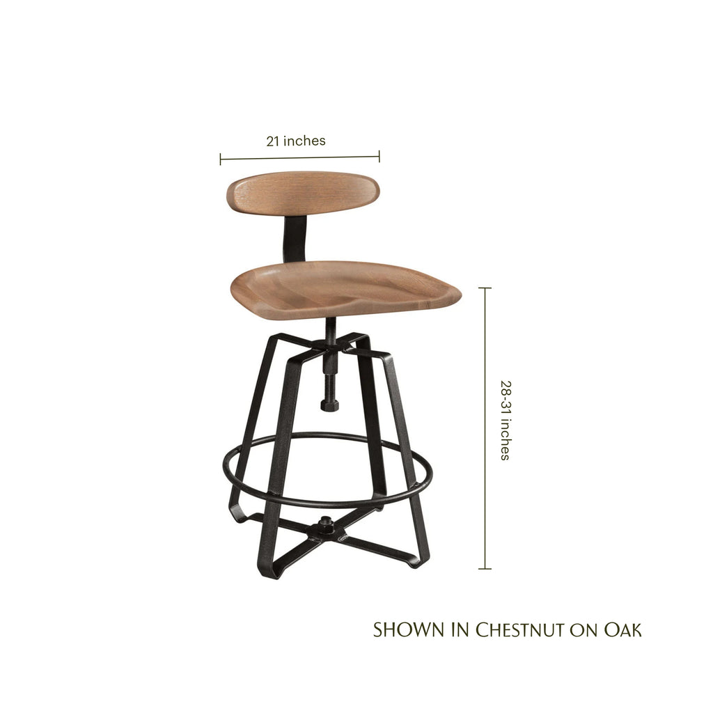 Adjustable swivel stool with chestnut oak seat and black iron base, showing dimensions.