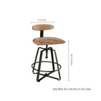 Adjustable swivel stool with chestnut oak seat and black iron base, showing dimensions.