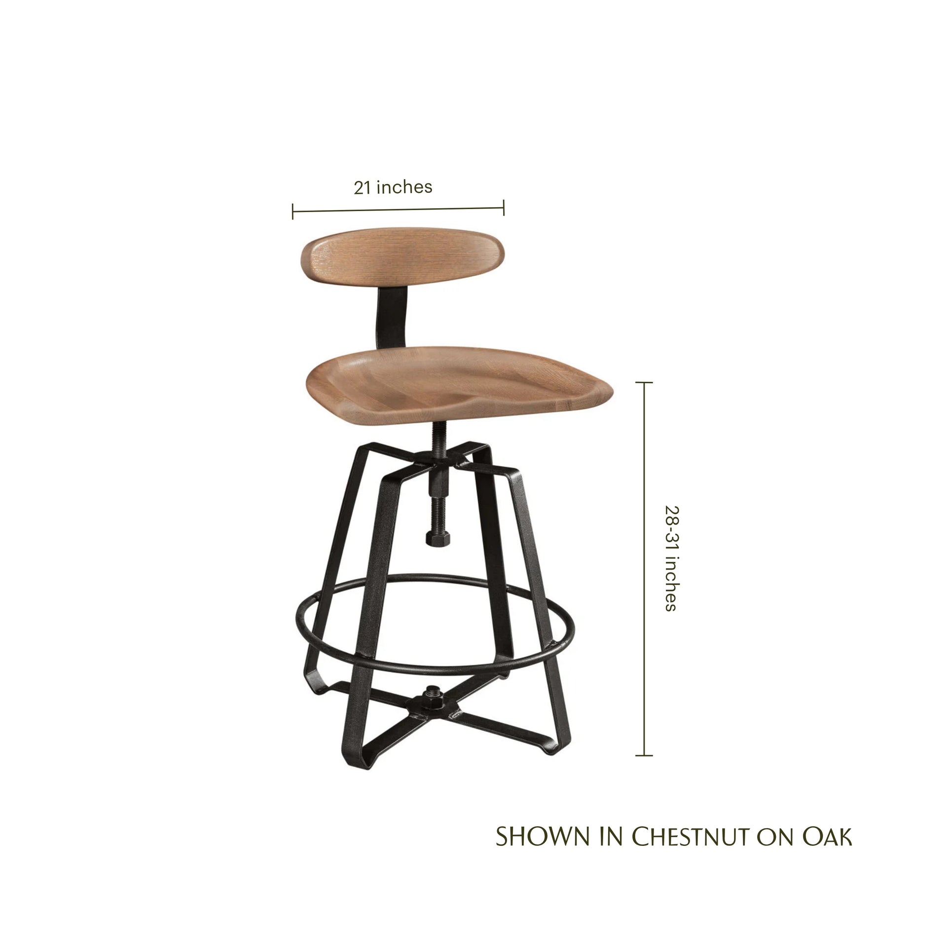 Adjustable swivel stool with chestnut oak seat and black iron base, showing dimensions.