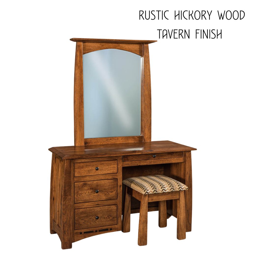 Artisan Inlay Vanity Set in rustic hickory wood with mirror and patterned stool.