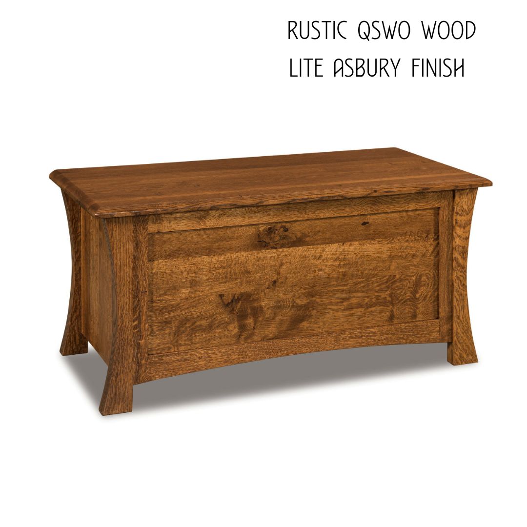Rustic QSWO wood contemporary blanket chest in a Lite Asbury finish with curved legs.