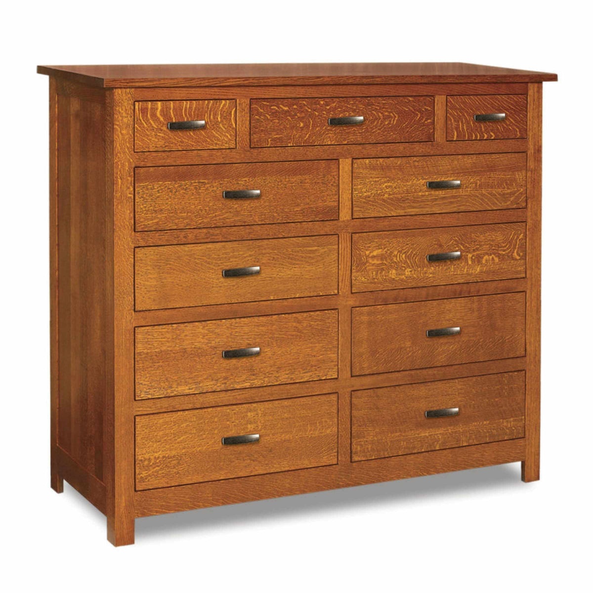 Mission 11 drawer mule chest in solid oak wood with a warm honey finish